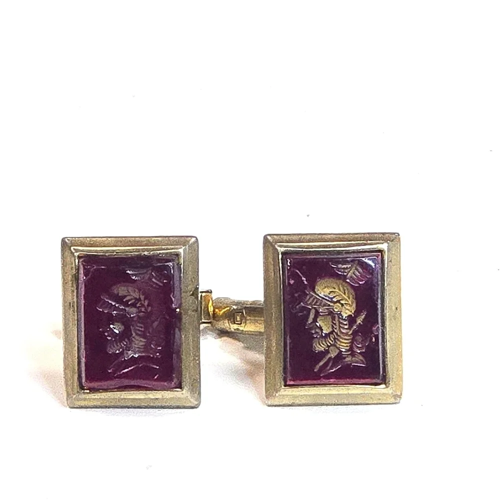 Vintage Centurian Cameo Cufflinks Reversed Carved Red Glass Goldtone Hardware